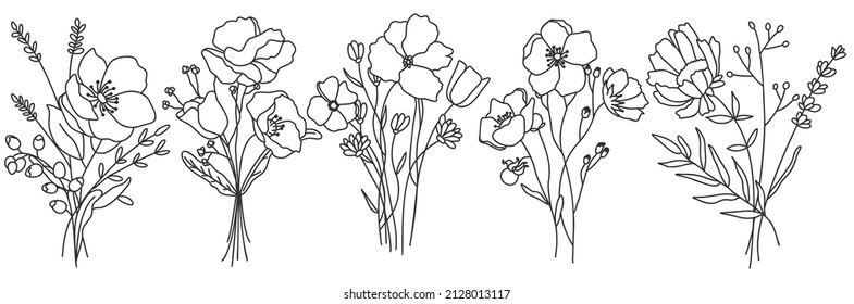 Vector line art hand drawn bouquet of flowers