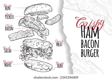 Vector line art hand drawn burger with bacon, pickles, lettuce, bacon, bread for menu design of a restaurant or pub. Black line art with typography on a white background.
