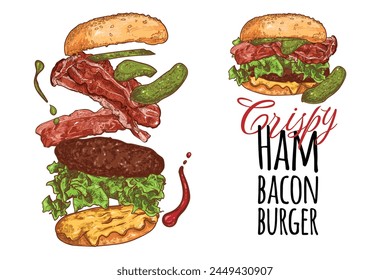 Vector line art hand drawn burger with bacon, pickles, lettuce, bacon, bread for menu design of a restaurant or pub. Black line art with typography on a white background.