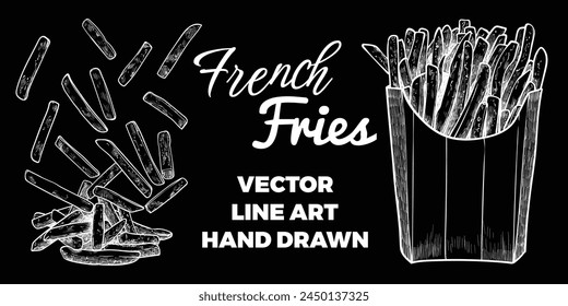 Vector line art hand drawn french fries dropping on a pile of french fries. Vector line art french fries. Hand drawn potatoes in a box. 