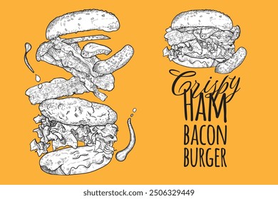 Vector line art hand drawn and colored burger with bacon, pickles, lettuce, bacon, bread for menu design of a restaurant or pub. Ingredients are grouped separately. 