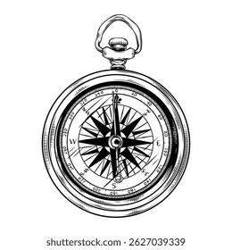 vector line art hand drawn illustration of a vintage compass
