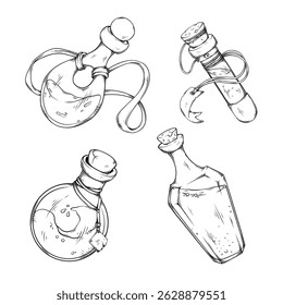 vector line art hand drawn illustration set collection of a magic bottle