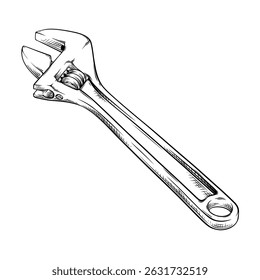 vector line art hand drawn illustration of a adjustable wrench