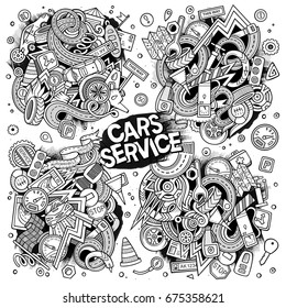 Vector line art hand drawn doodle cartoon set of Automobile objects and symbols