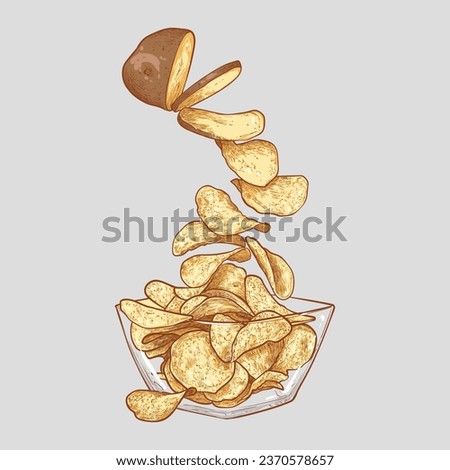 Vector line art hand drawn chips in a bowl from potato. Easy to edit and use in your design.