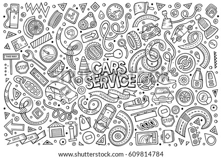 Vector line art hand drawn doodle cartoon set of Automobile objects and symbols