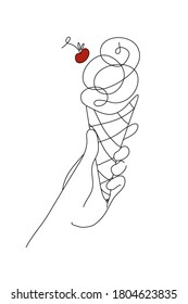 vector line art hand holding a ice cream isolated on white background for cute postcard, logo, for the design of a room, for invitations, greeting cards, business card, for T-shirt