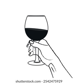 vector line art of hand holding a wine glass