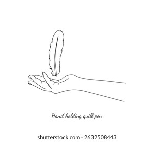 vector line art of hand holding a quill pen