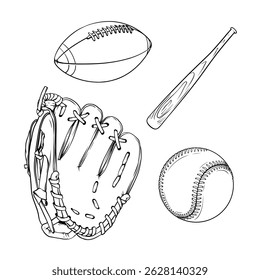 vector line art handdraw illustration set collection of a baseball sports equipment