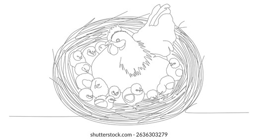 Vector Line Art of Hen with Chicks in Nest
