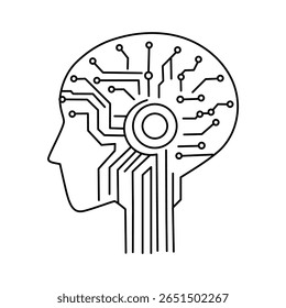 Parte da linha vetorial da cabeça humana com circuito de IA. Ilustração limpa e moderna.