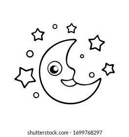 Vector line art icon drawing illustration of moon and stars.Coloring book pages.