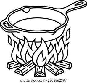 Vector line art icon of an empty cast iron skillet over campfire with frying pan campfire culinary
