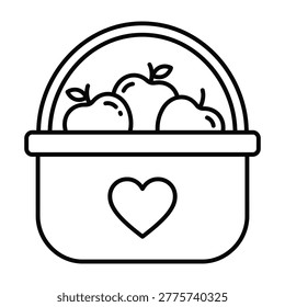 Vector line art icon of a picnic basket filled with fresh apples and a heart symbol on the front nutrition kindness