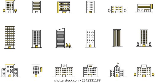 Vector Line Art Icon Set of Various Facility Buildings