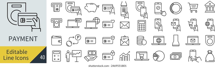 
Vector Line Art Icon Set for Money and Payments