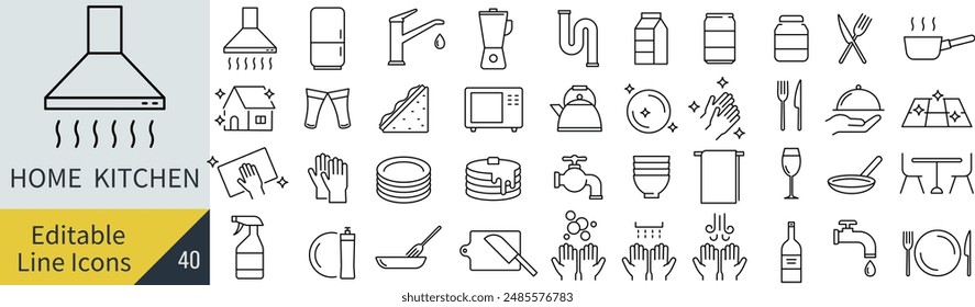 Vector Line Art Icon Set of Household Kitchens