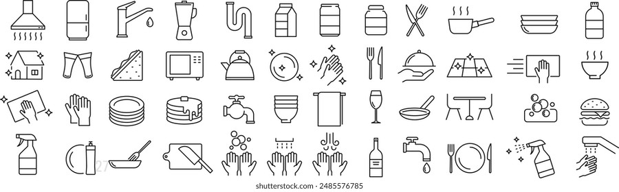 Vector Line Art Icon Set of Household Kitchens