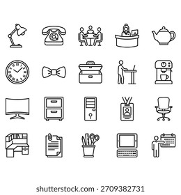 Vektorgrafik-Ikonensatz für Büro und Business. 20 saubere Umrisssymbole, darunter Möbel, Technologie, Besprechungs- und Verwaltungselemente für Arbeitsbereiche.