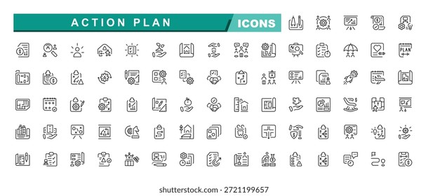 Conjunto de iconos de arte de línea de Vector para Planes de acción. Conjunto de iconos de Plan de acción. Conjunto de iconos de objetivo. Relacionado con los recursos, el paso, el análisis, la meta, el calendario, la evaluación y más.