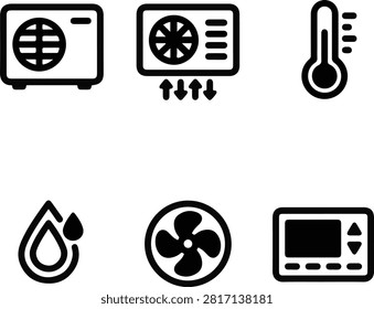 Vector line art icon set featuring HVAC climate control and air conditioning components, including an outdoor air conditioner condenser unit, heat pump fan unit with airflow arrows, thermometer temperature control symbol, humidity water drops icon, ventilation fan blade icon, and a digital thermostat wall controller, isolated on a white background.