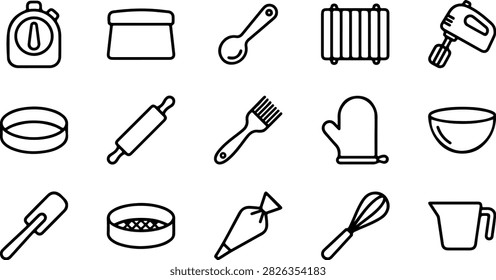 Vector line art icon set of baking tools and pastry equipment including rolling pin, whisk, piping bag, mixing bowl, oven mitt, timer, and spatula.