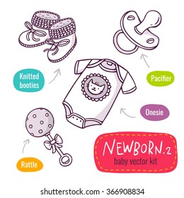 Vector line art icon set with baby products for newborns - knitted booties, pacifier, onesie and toy rattle - isolated on white