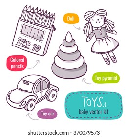 Vector line art icon set with baby toys - colored pencils, toy pyramid, car and doll - isolated on white