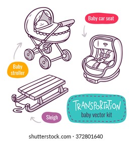 Vector Line Art Icon Set With Baby Products For Children Transportation - Baby Stroller, Car Seat And Sleigh - Isolated On White