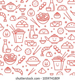 Vector line art iconic seamless pattern of Chinese cuisine. Traditional food of different provinces of China lktake away boxes, noodles, dim sum, ramen and spring rolls.