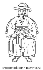 Vector line art illustration of admiral Yi Sun-shin. He was a Korean naval commander famed for his victories against the Japanese navy during the Imjin war in the Joseon Dynasty.