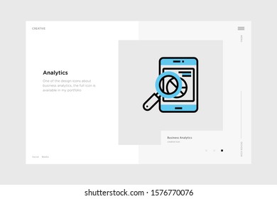 vector line art illustration analytics icon wrapped with a website landing page template. soft and smooth color design