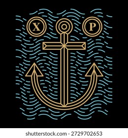 Vector Line Art Illustration of an Anchor on waves. Easy to Change Colors. Concept of sailor, tattoo, ocean, sea, fisherman, fishing, marine.
