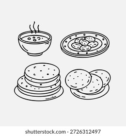 Ilustración de arte de línea de Vector de platos culinarios variados, sopa humeante, productos horneados y panes planos apilados
