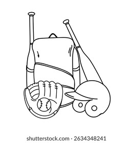 Vector line art illustration of baseball equipment set including bag, bats, glove with ball, and helmet.
