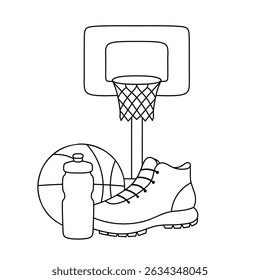Vector line art illustration of basketball equipment including hoop, ball, shoes, and water bottle.