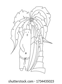 Vector line art illustration of bear surfer with surfboard and palm