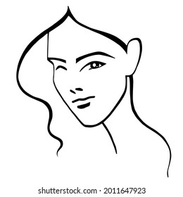 vector line art illustration of a beautiful female face with a wave of hair around the face. useful for advertising beauty salons, cosmetics, makeup, beauty parlour, products for women, logos, signs.