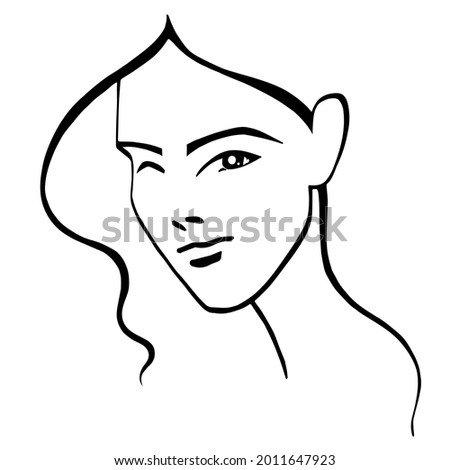 vector line art illustration of a beautiful female face with a wave of hair around the face. useful for advertising beauty salons, cosmetics, makeup, beauty parlour, products for women, logos, signs.