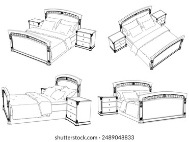 Vector Line Art Illustration of Bed. Modern Design with Clean Lines and Elegant Details, Ideal for Interior Decoration, Bedroom Concepts, and Furniture Illustrations