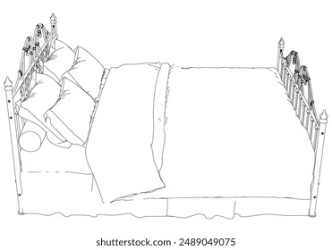 Ilustración de la línea de Vector de la cama. Diseño minimalista para la decoración interior y los conceptos de dormitorio