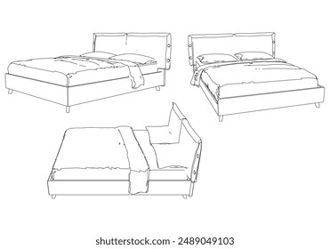 Vector Line Art Illustration of Bed. Minimalist Design for Interior Decor and Bedroom Concepts