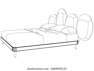 Ilustración de la línea de Vector de la cama. Diseño minimalista para la decoración interior y los conceptos de dormitorio
