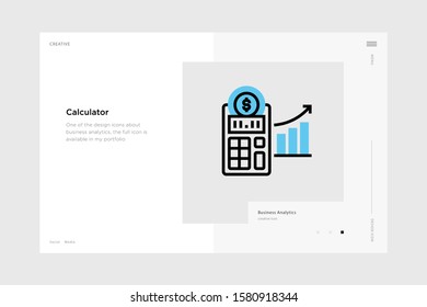 vector line art illustration calculator icon wrapped with a website landing page template. soft and smooth color design. can be used as a percentage. made for business management icons