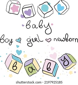 Vector line art illustration. Line art a line of children's cubes. Lettering Baby, boy, girl, newborn. For baby shower, cards, design, web.