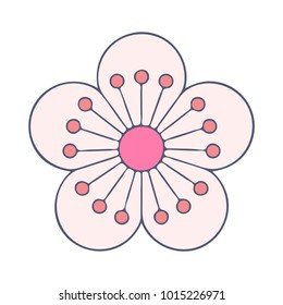 Vector line art illustration: Chinese Plum Blossom, also called Japanese apricot or Prunus Mume. Plum blossom as a symbol of Chinese and Korean Poetry and Lunar New Year.