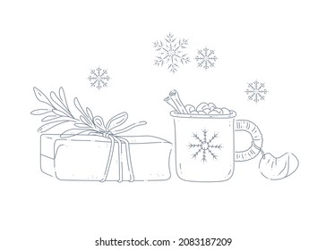 Vector line art illustration with Christmas gift box, cup with hot beverage, tangerine slice and snowflakes isolated. Hand drawn contour drawing. For banners, prints, cards.