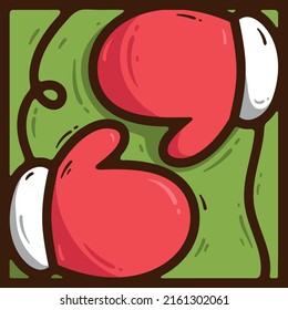 Vector line art illustration. Christmas handdrawn icon with red white mittens on an elastic band on a green background. Fragment of the advent calendar. Winter holiday. New Year. Cold season